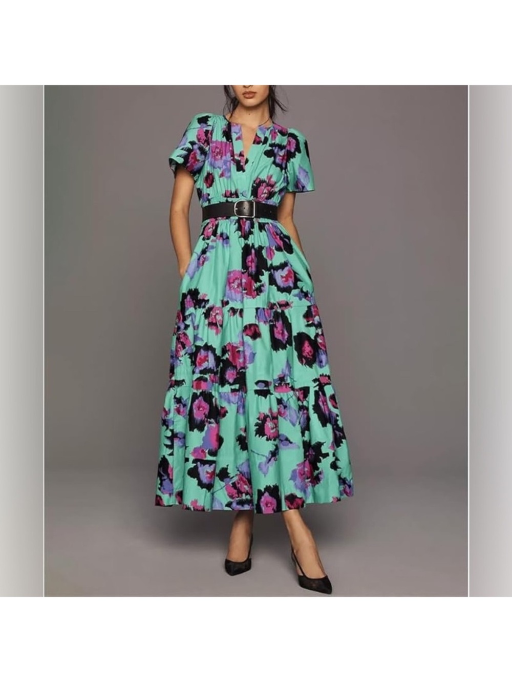 Anthropologie Teal Floral Somerset Dress size M